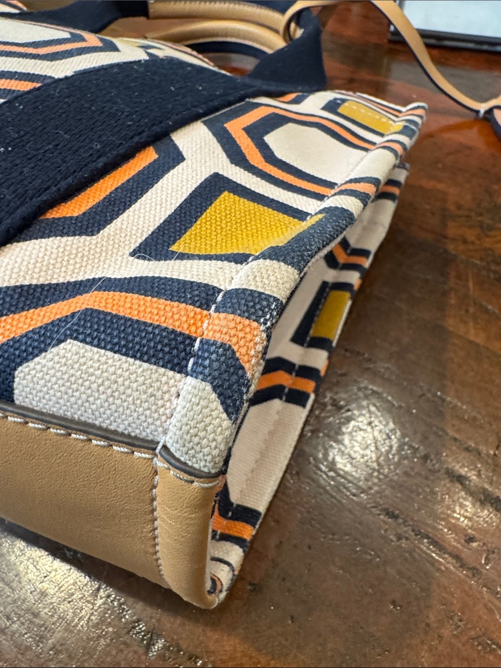 Tory Burch Navy, Coral & Mustard Geometric Canvas Tote with Tan Leather Strap - Picture 9 of 12